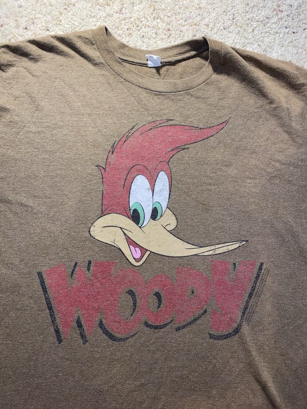 Vintage Woody Woodpecker Mens Adult Size XL Brown Faded Cartoon 90s Tee Shirt